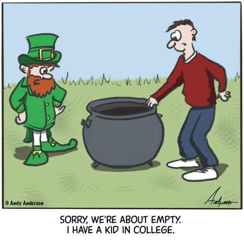 Cartoon about an empty pot of gold because of college tuition