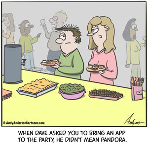 Cartoon about bringing an app instead of appetizer to a party by Andy Anderson