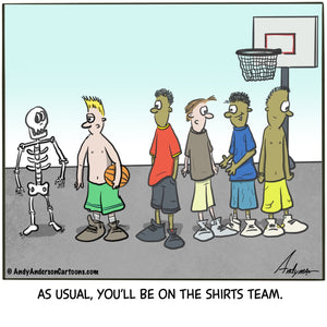 Cartoon about skeleton playing basketball on the shirts team