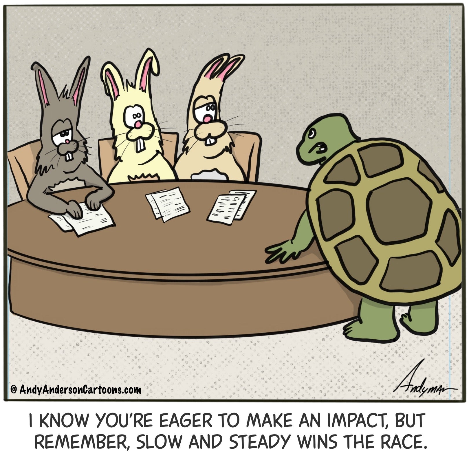 Cartoon about turtle boss telling his rabbit employees slow and steady win the race