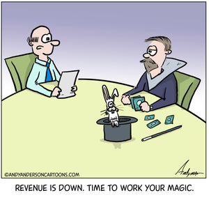 Cartoon about a businessman asking a magician to work his magic to increase revenue