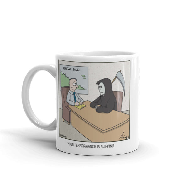 Grim performance review mug