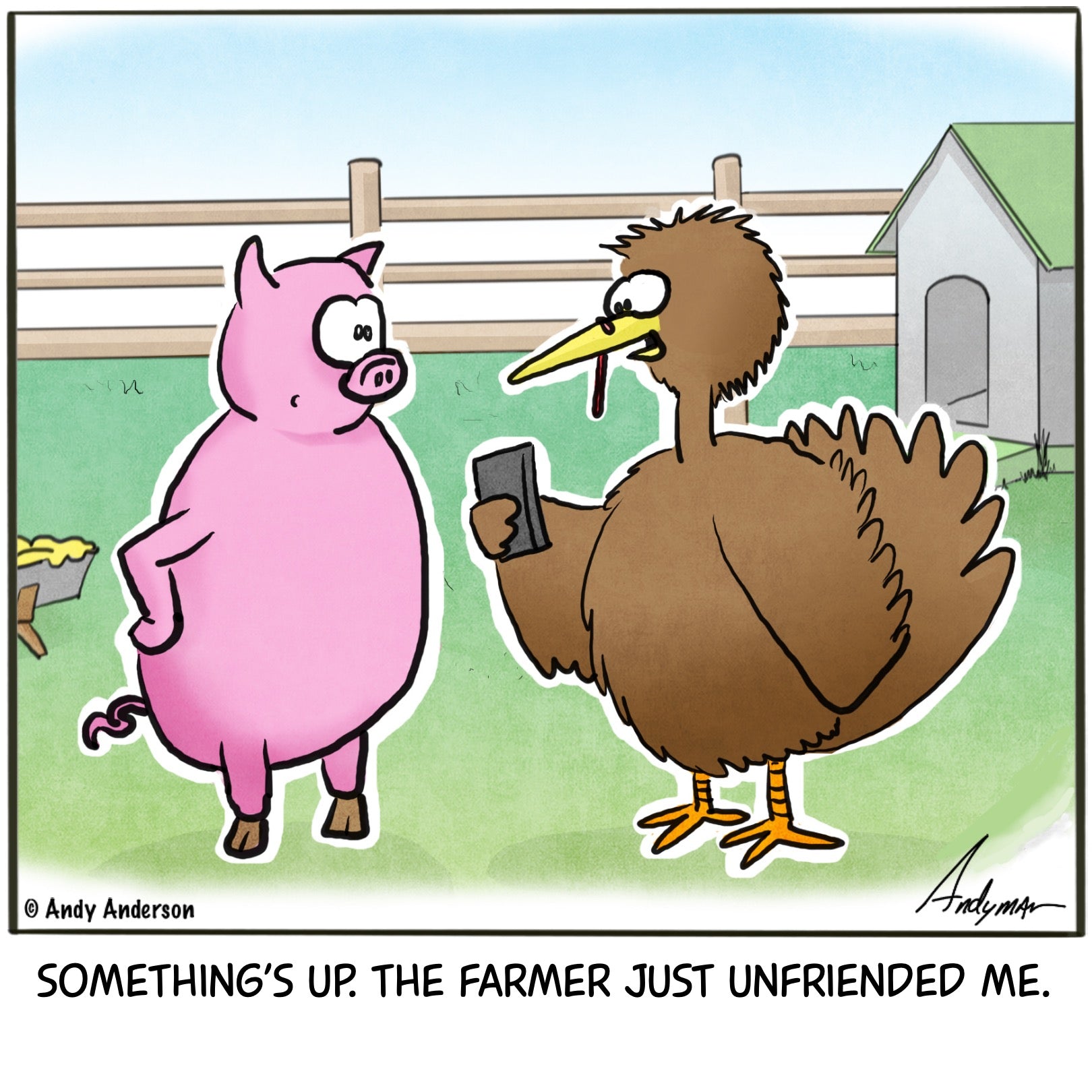 Cartoon about a farmer unfriending a turkey before Thanksgiving by Andy Anderson