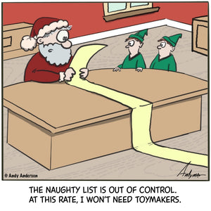 Cartoon about Santa's naughty list being so long he won't need elves to make toys