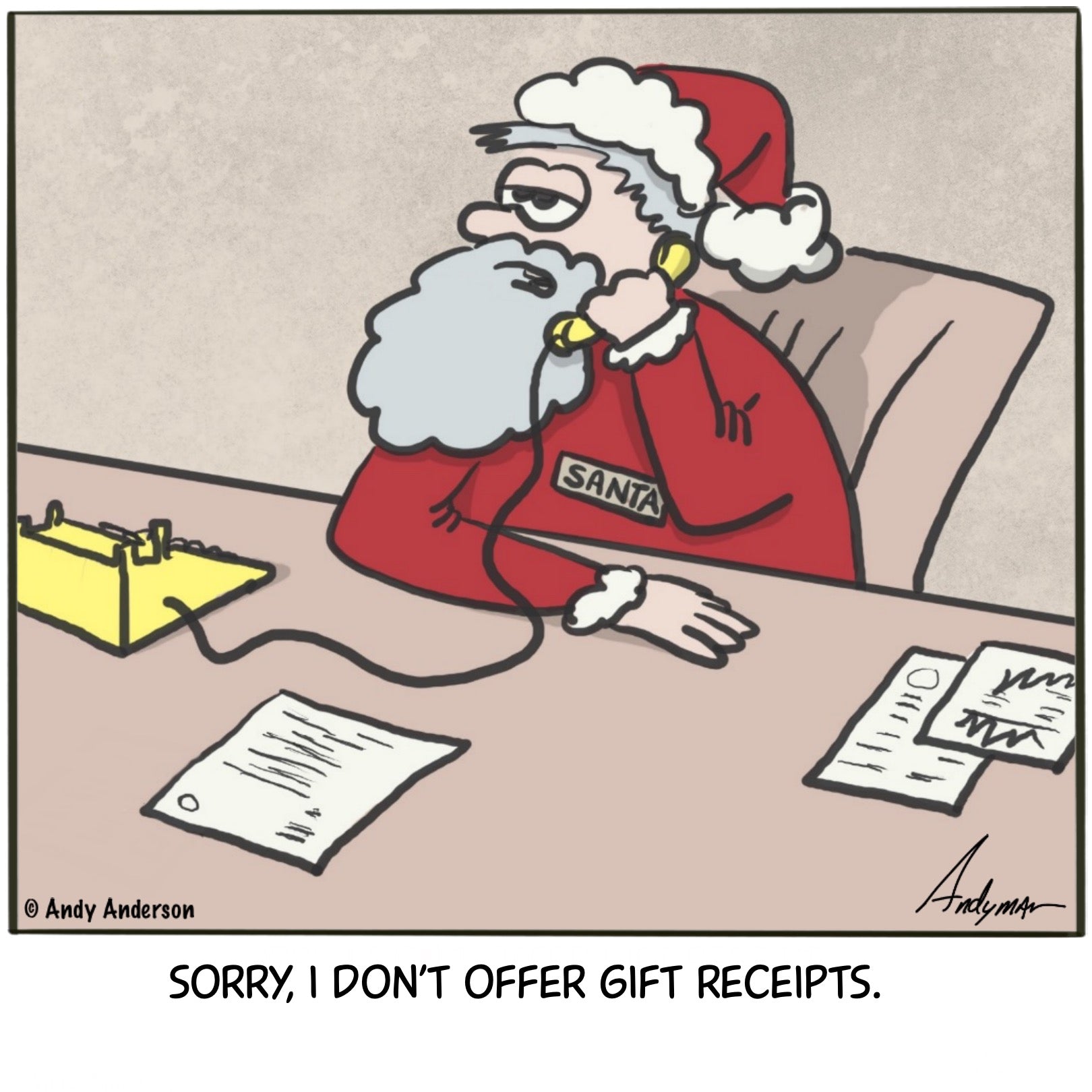 Cartoon about Santa not offering gift receipts by Andy Anderson