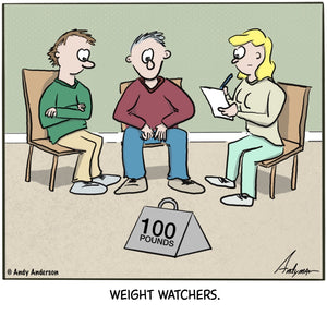 Cartoon about a group of people in front of 100lbs - weight watchers