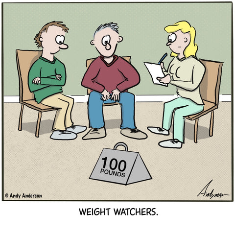Cartoon about a group of people in front of 100lbs - weight watchers