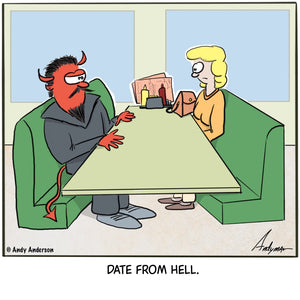 Cartoon about a woman on a date from Hell and the Devil is her date