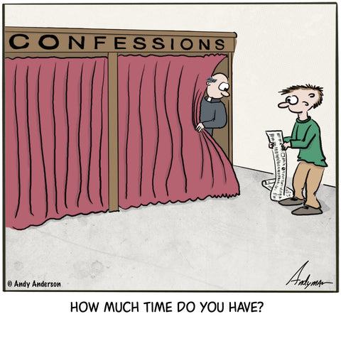 Cartoon about a person with a long list in front of a confession booth