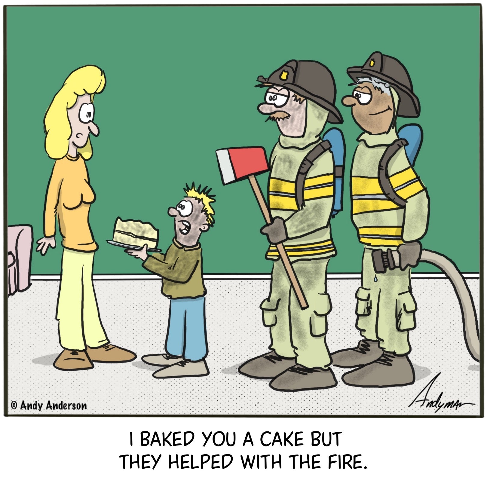 Cartoon about a boy (with firemen) baking a cake for mom