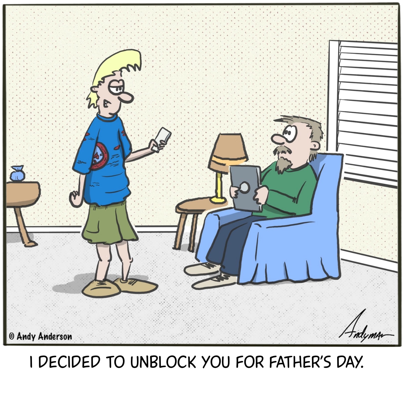 Cartoon about a boy unblocking his dad for father's day