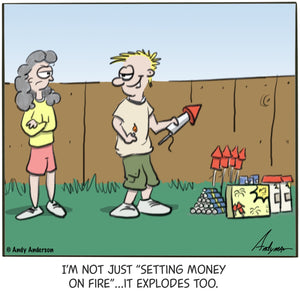Cartoon about how fireworks are like setting your money on fire by Andy Anderson