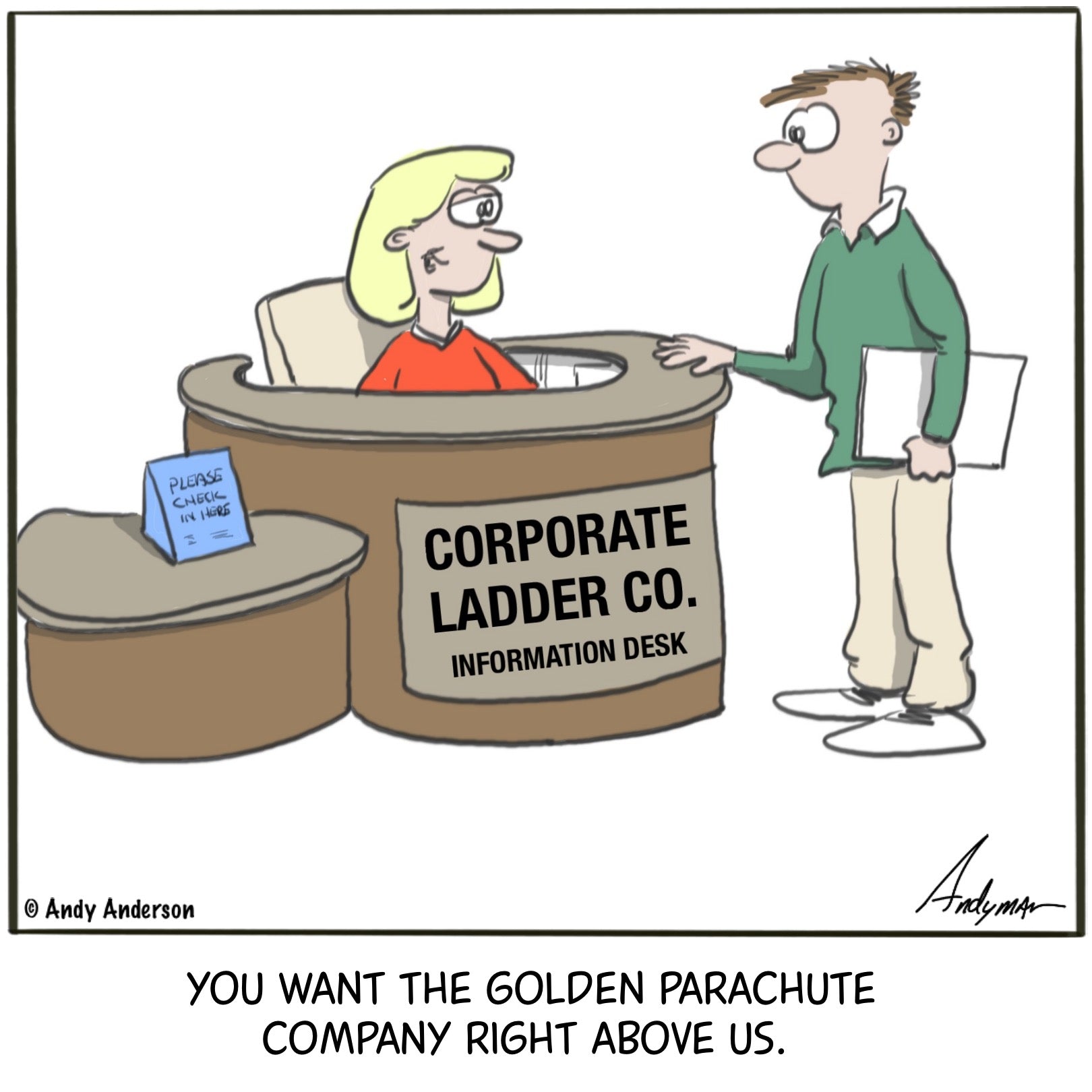 Cartoon about the golden parachute company being above the corporate ladder company