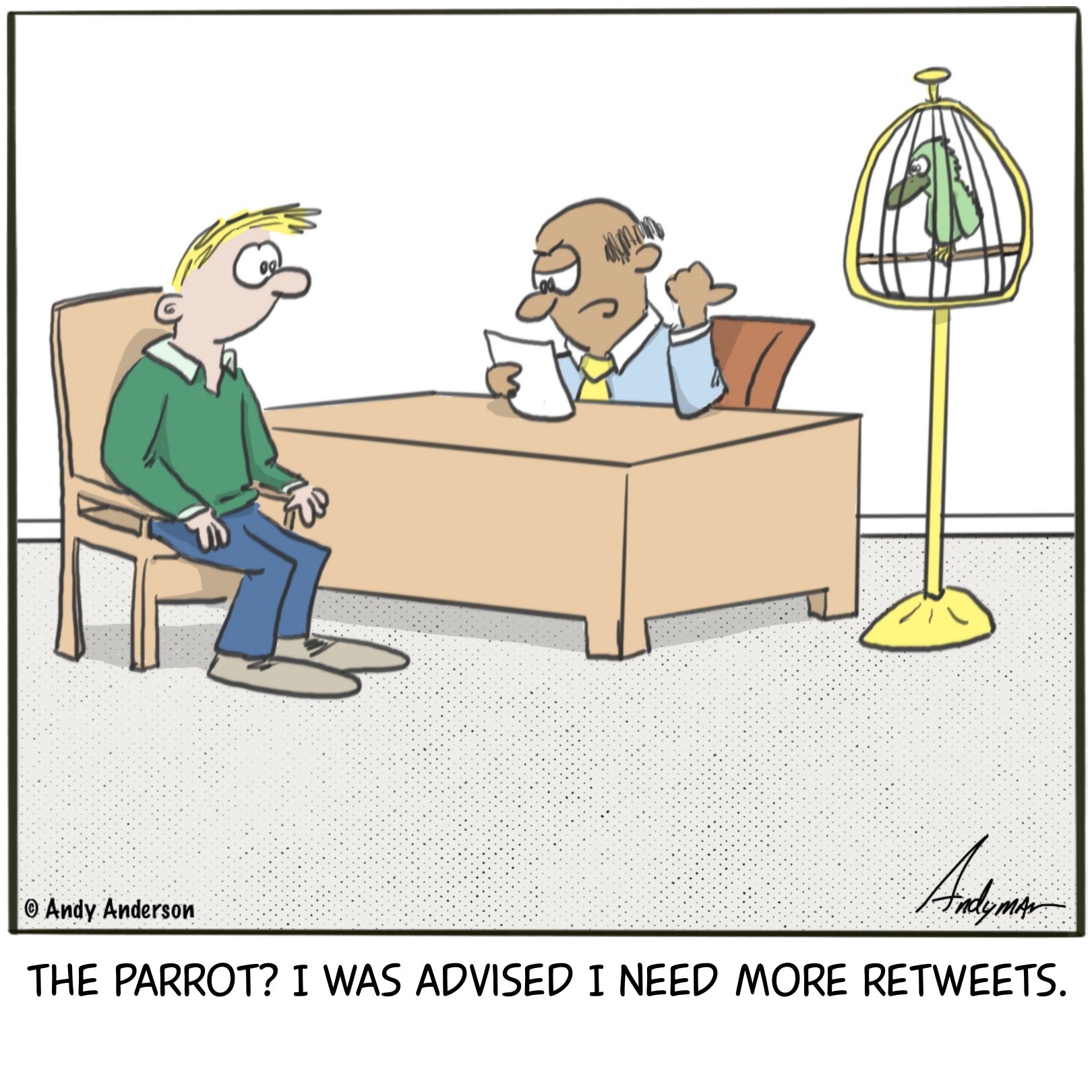 Cartoon about having a parrot for retweets by Andy Anderson