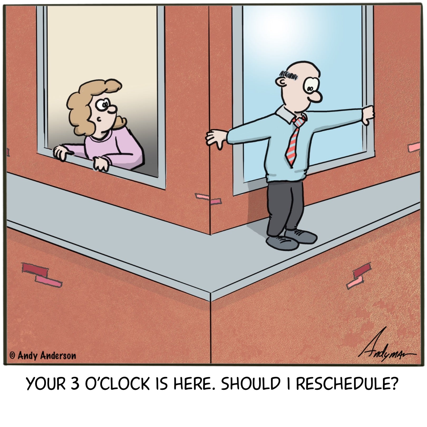 Cartoon about an assistant asking man on ledge if she should reschedule