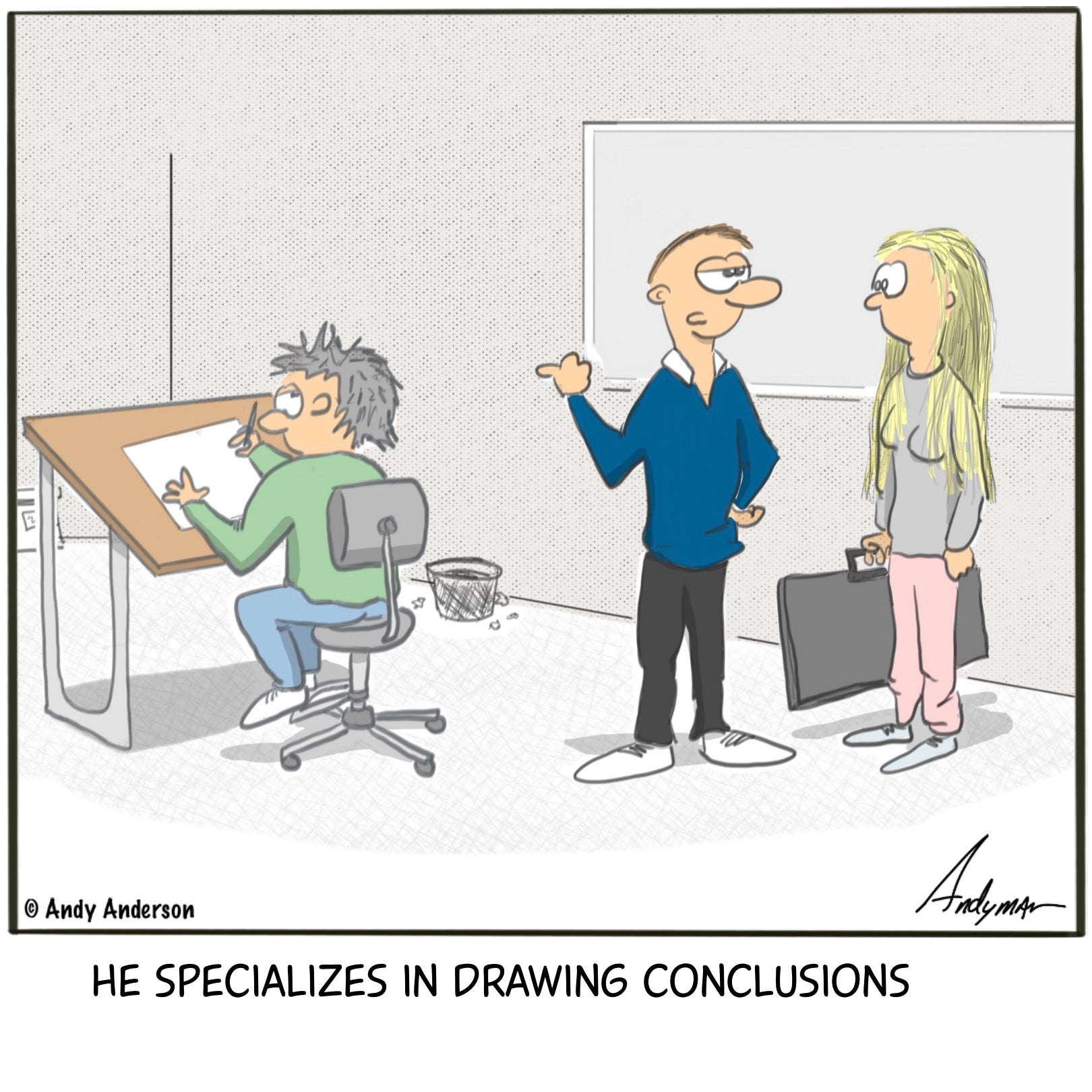 Cartoon about an artist at a drawing board, drawing conclusions
