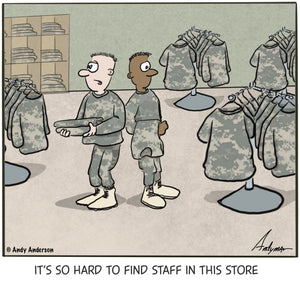 Cartoon about finding help in a camouflage store by Andy Anderson