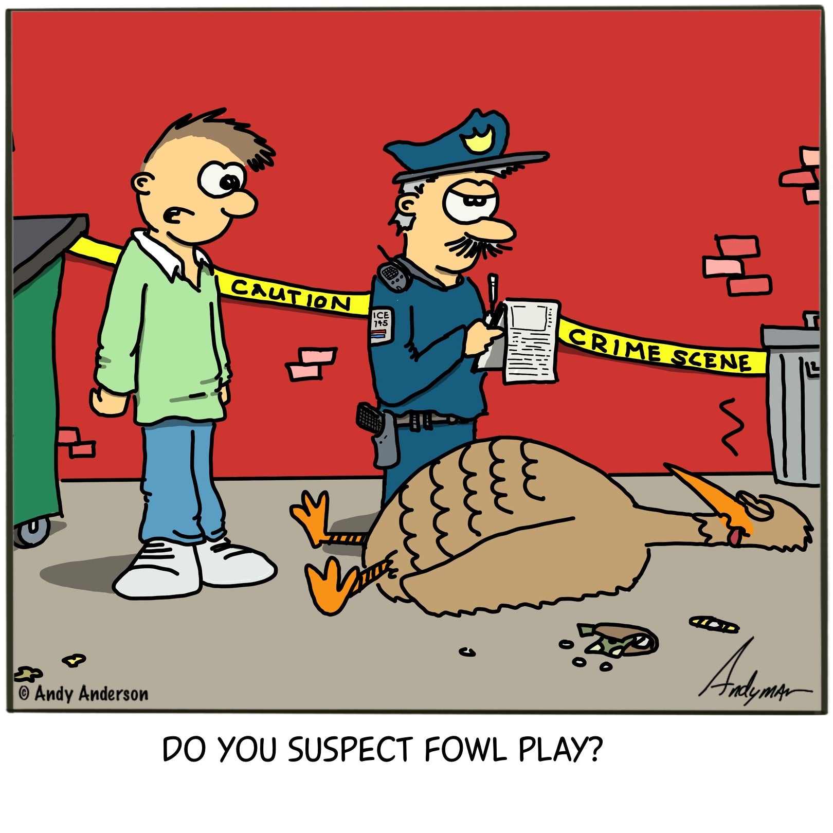Cartoon about a turkey being murdered in fowl play