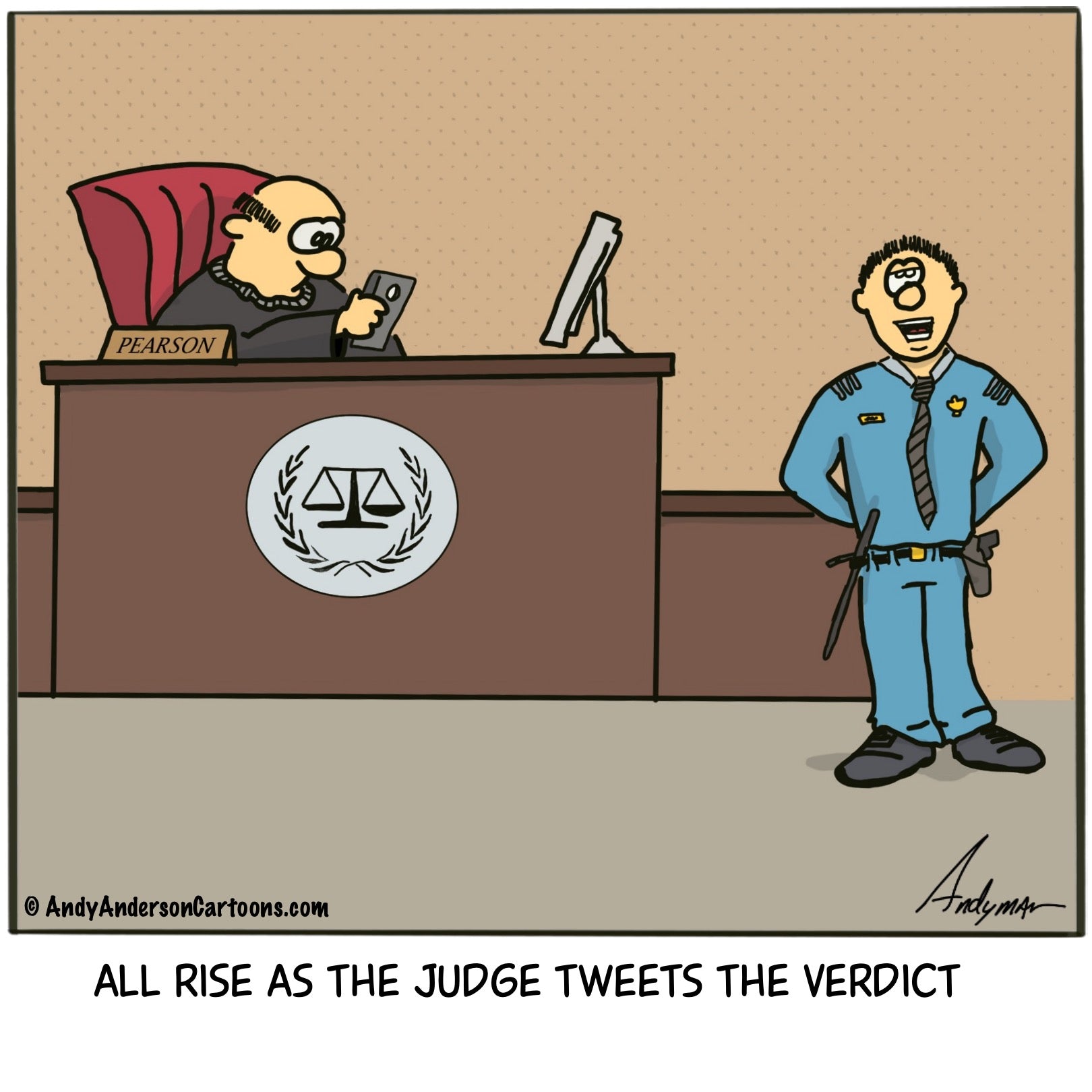 Cartoon about a judge tweeting a verdict by Andy Anderson