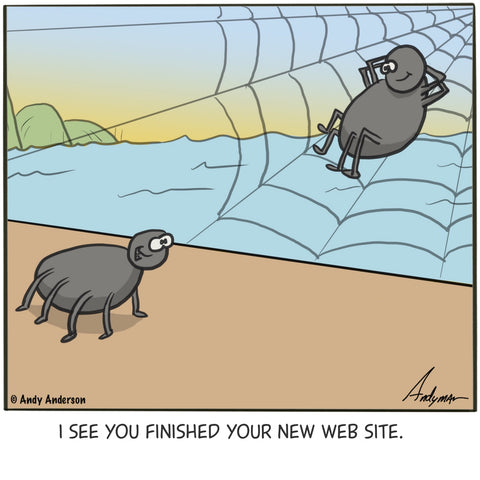 Cartoon about a spider with a new website by Andy Anderson