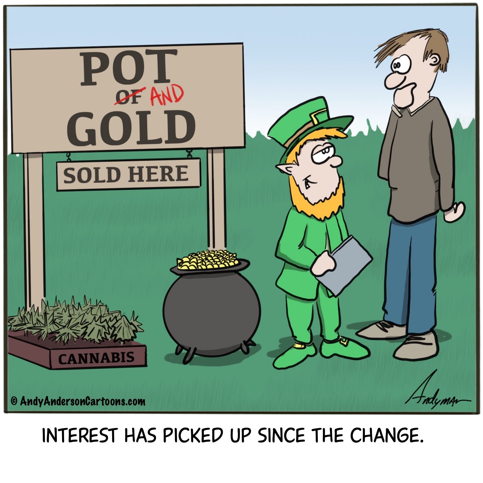 Cartoon about renaming "pot of gold" to "pot and gold" to drive more business