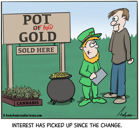 Cartoon about renaming "pot of gold" to "pot and gold" to drive more business