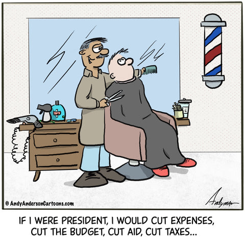 Barber making cuts cartoon by Andy Anderson