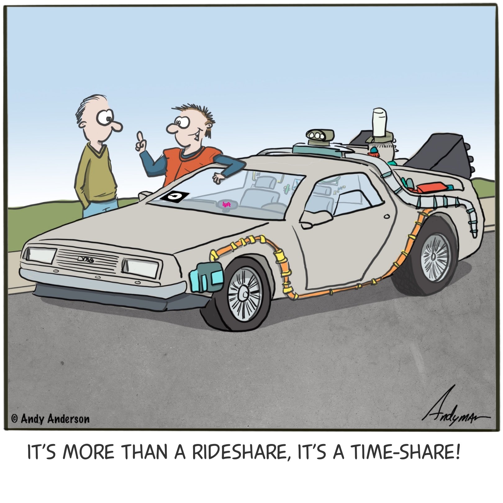 Cartoon about using a time-machine for ridesharing making it a time-share