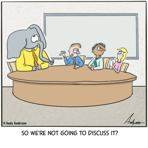 Cartoon about no one willing to talk about an elephant in the room