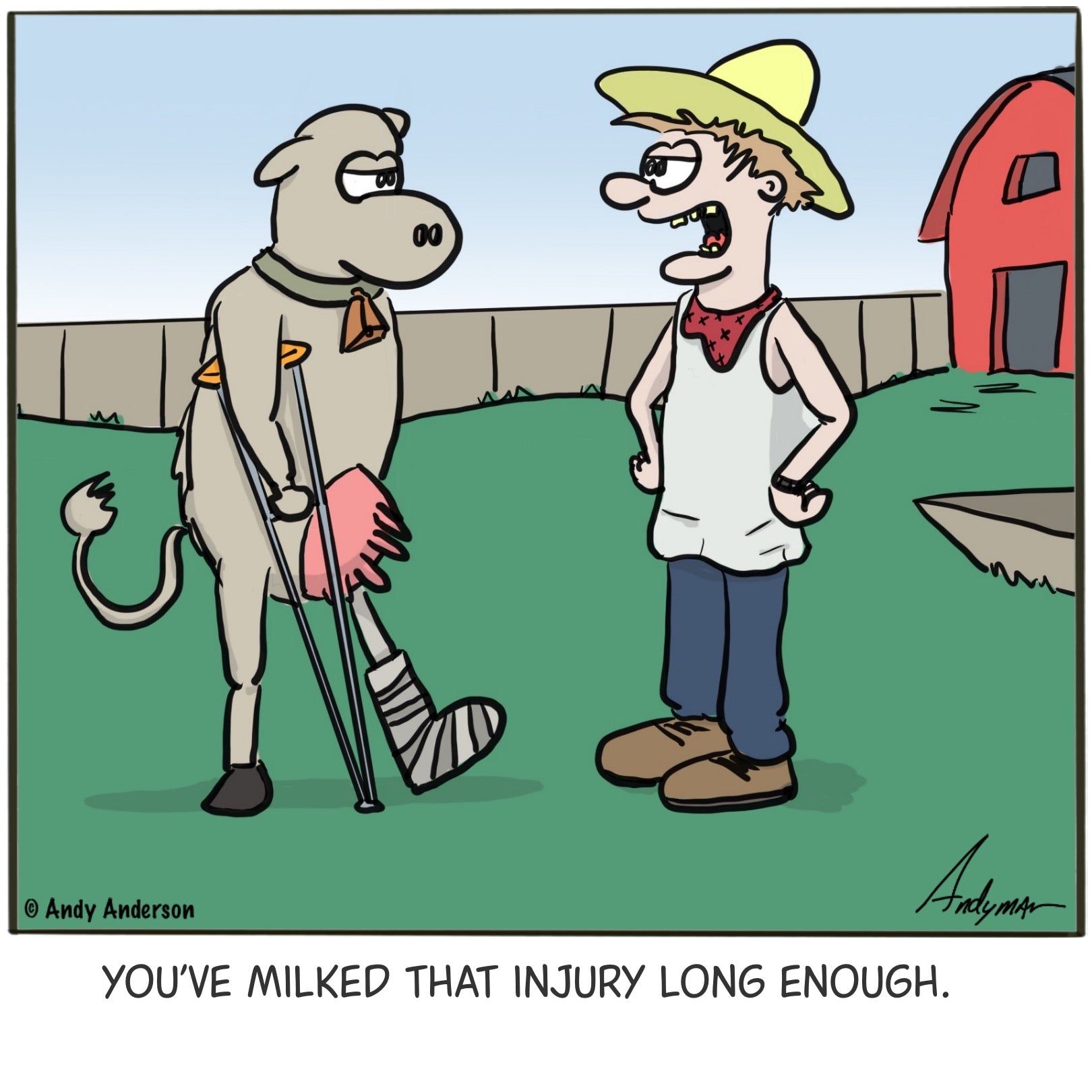 Cartoon about a cow milking an injury by Andy Anderson