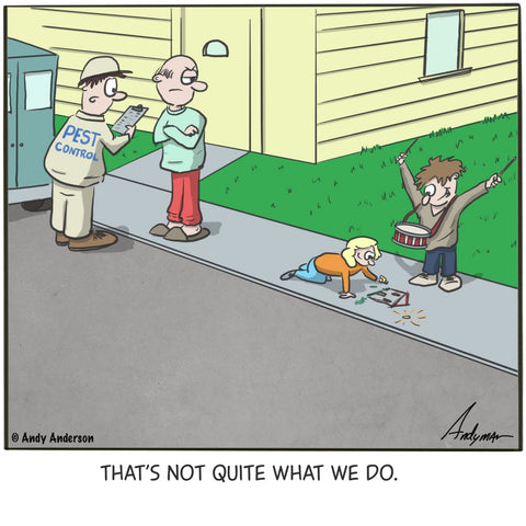 Cartoon about an old man hiring pest control to get rid of kids on his street