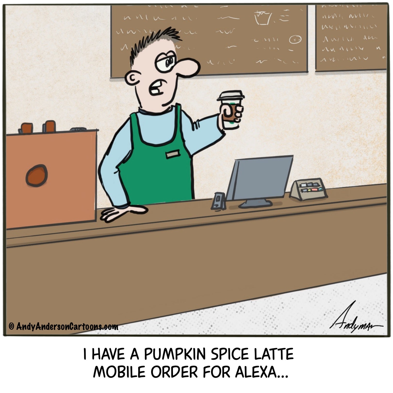 Pumpkin Spice Latte for Alexa cartoon by Andy Anderson