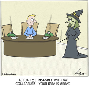 Cartoon about a witch who turns employees into frogs for disagreeing