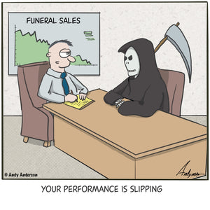 Cartoon about the Grim Reaper and declining sales performance by Andy Anderson