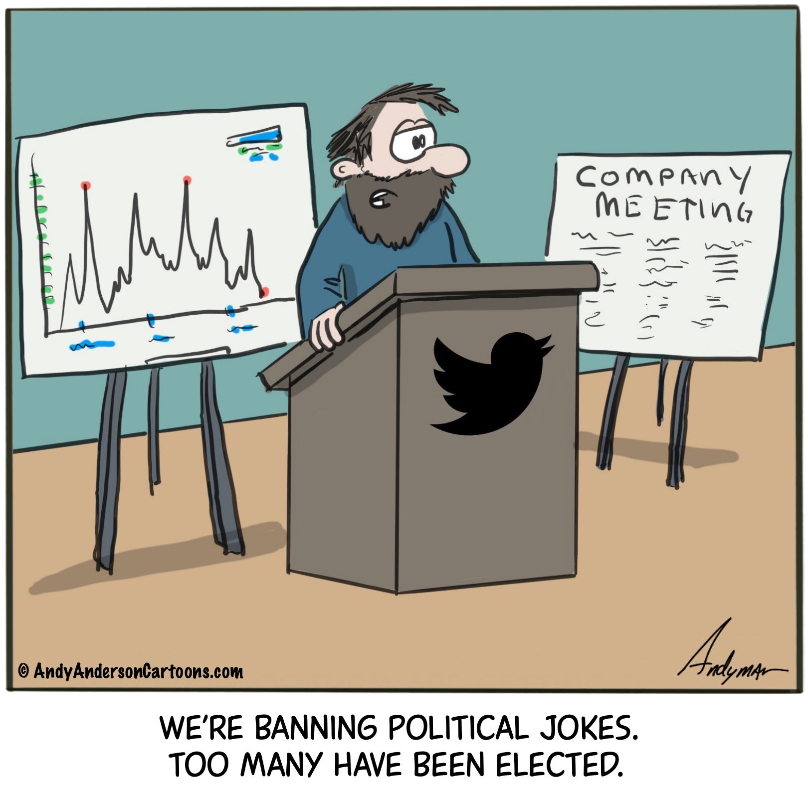 Cartoon about banning political jokes on Twitter