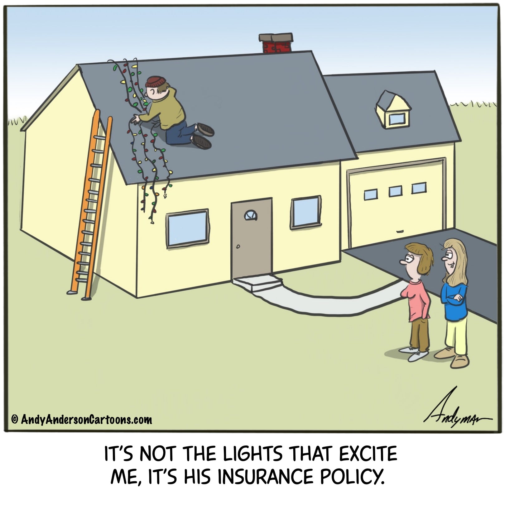 Cartoon about holiday lights and life insurance by Andy Anderson