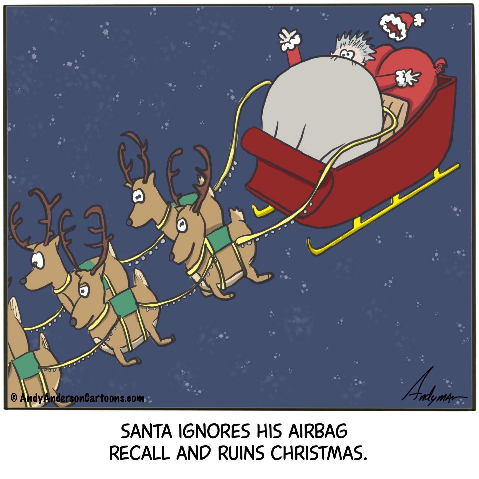 Cartoon about Santa's airbag ruining Christmas by Andy Anderson
