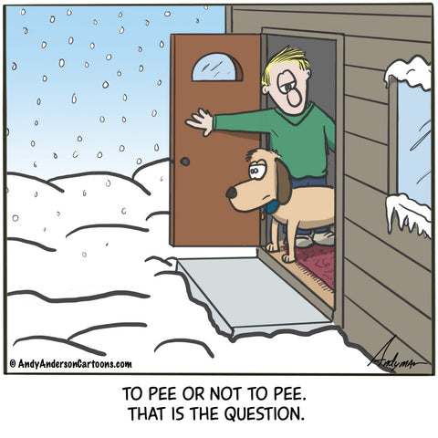 Cartoon about a dog contemplating to pee or not to pee