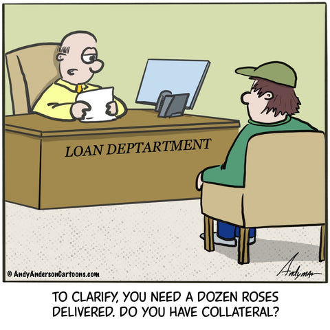 Cartoon about a man getting a loan to buy flowers for Valentine's Day
