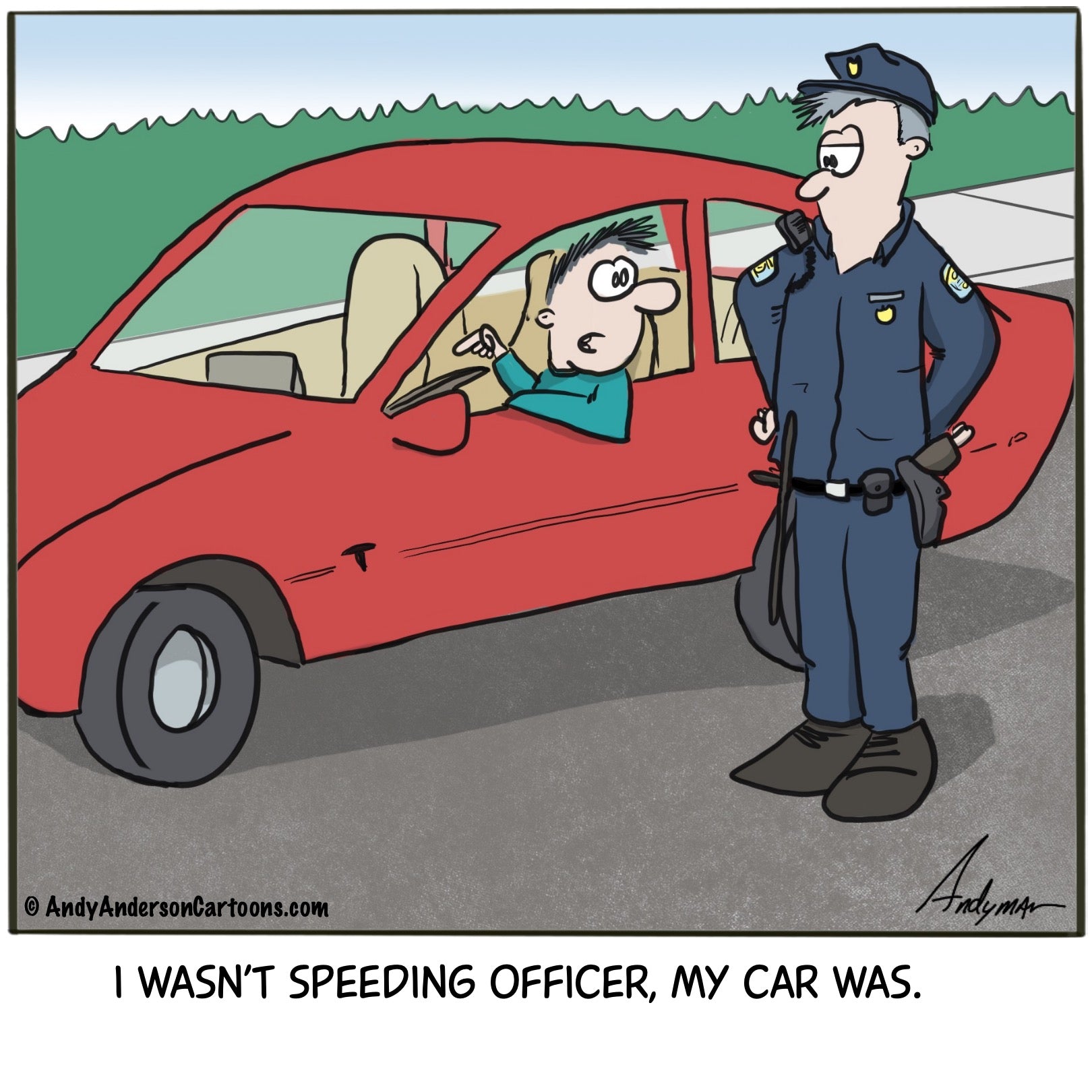 Cartoon about self driving car being pulled over for speeding