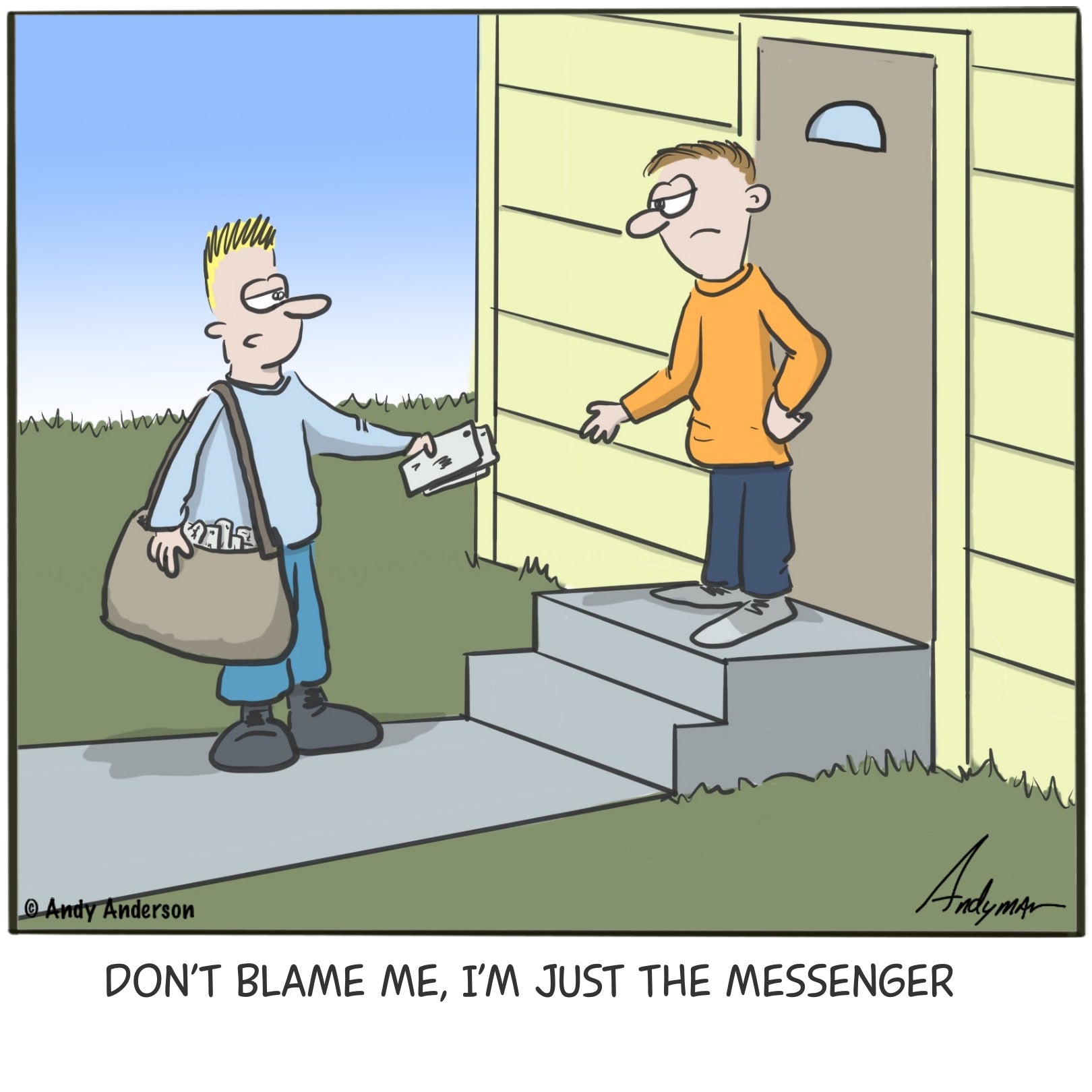 Cartoon about blaming the mailman for bad news
