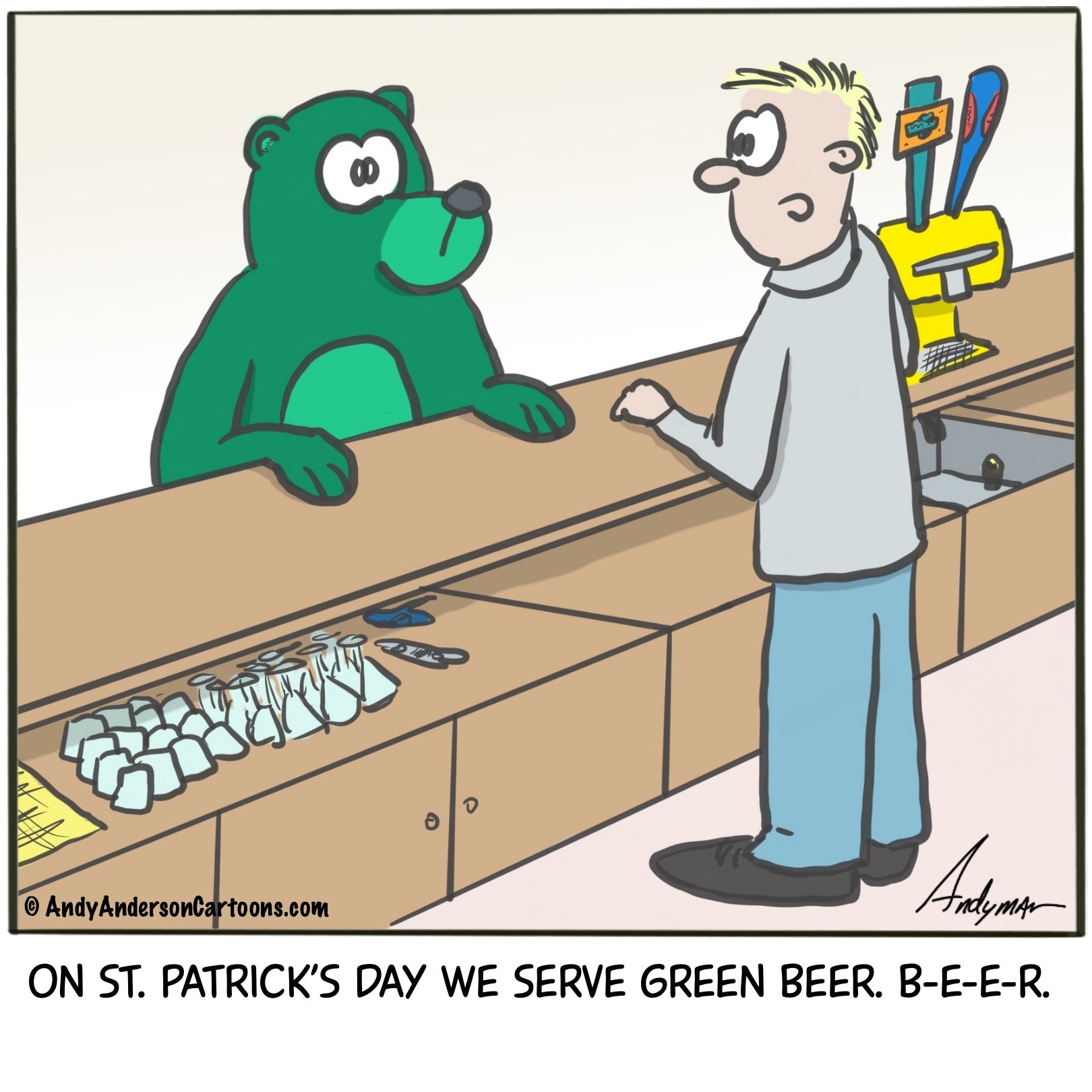 Cartoon about serving green beer to a green bear on St. Patrick's Day