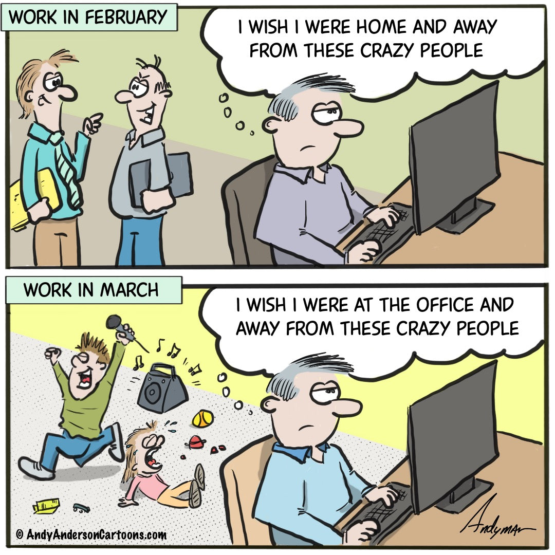 Cartoon about the fantasy vs reality of working from home by Andy Anderson