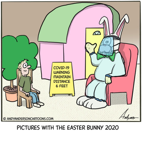 Cartoon about pictures with the Easter Bunny during the COVID-19 crisis