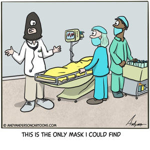 Using a ski mask instead of a normal health face mask due to the COVID-19 crisis cartoon by Andy Anderson