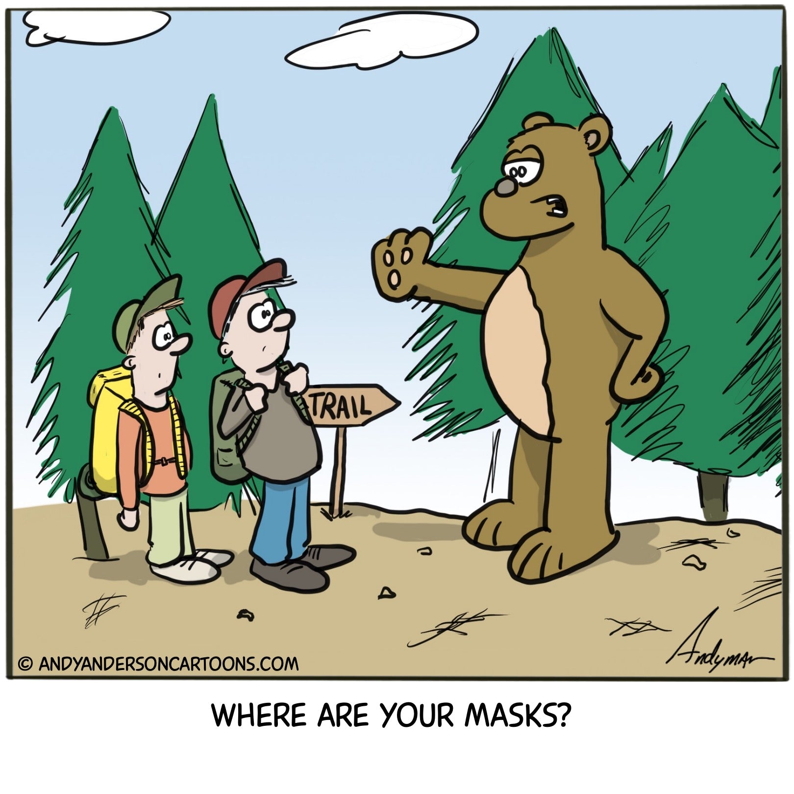 Cartoon about hikers being denied access to the outdoors because of no masks