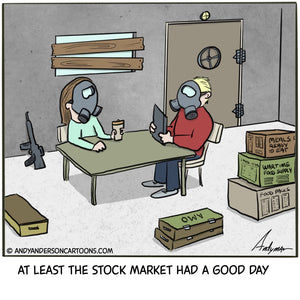 Cartoon about the stock market having a good day as the world comes to an end