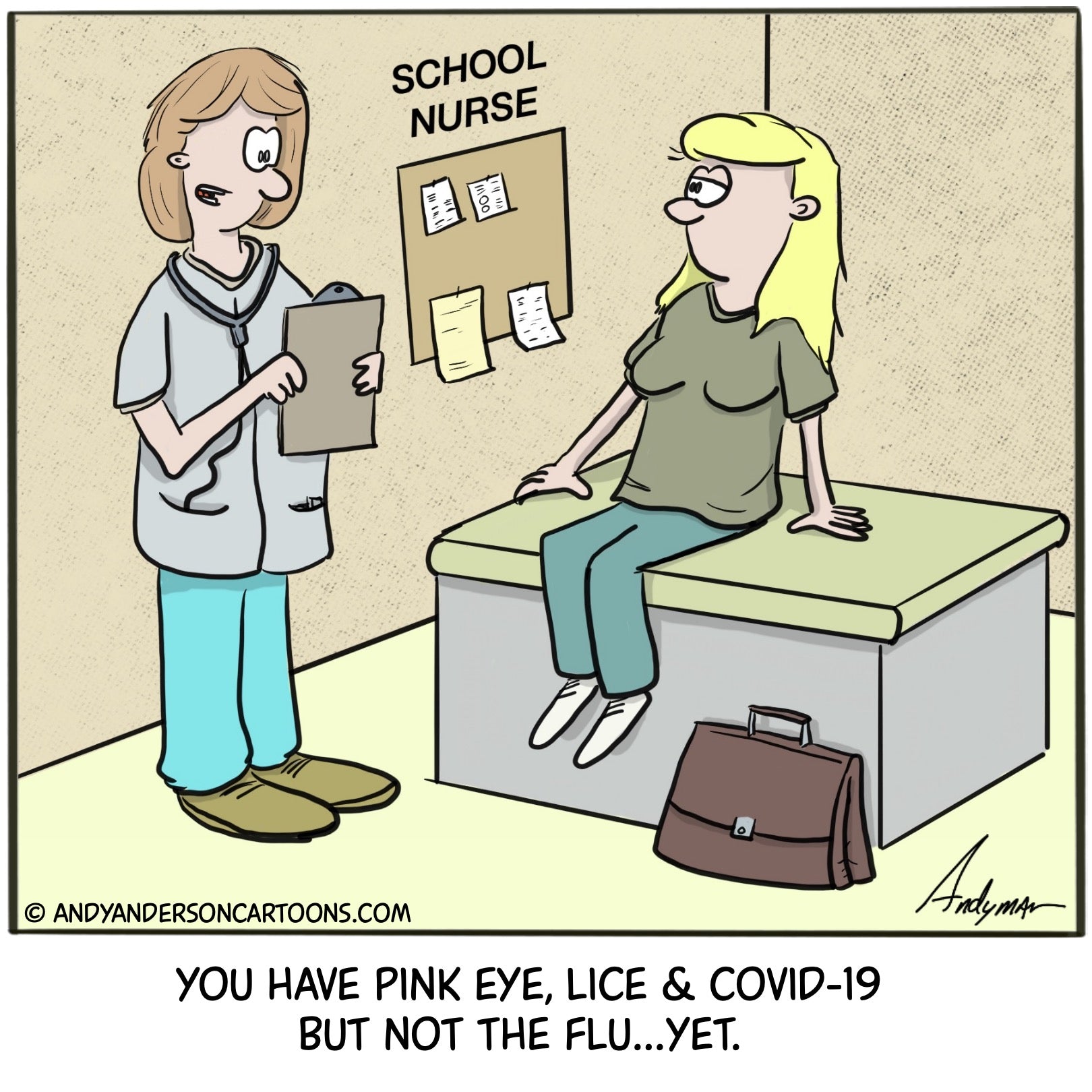 Cartoon about teachers going back to school and getting pink eye, lice COVID-19 but not the flu yet