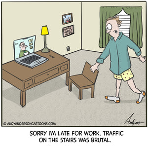 Cartoon about being late for working at home due to a traffic jam on the stairs