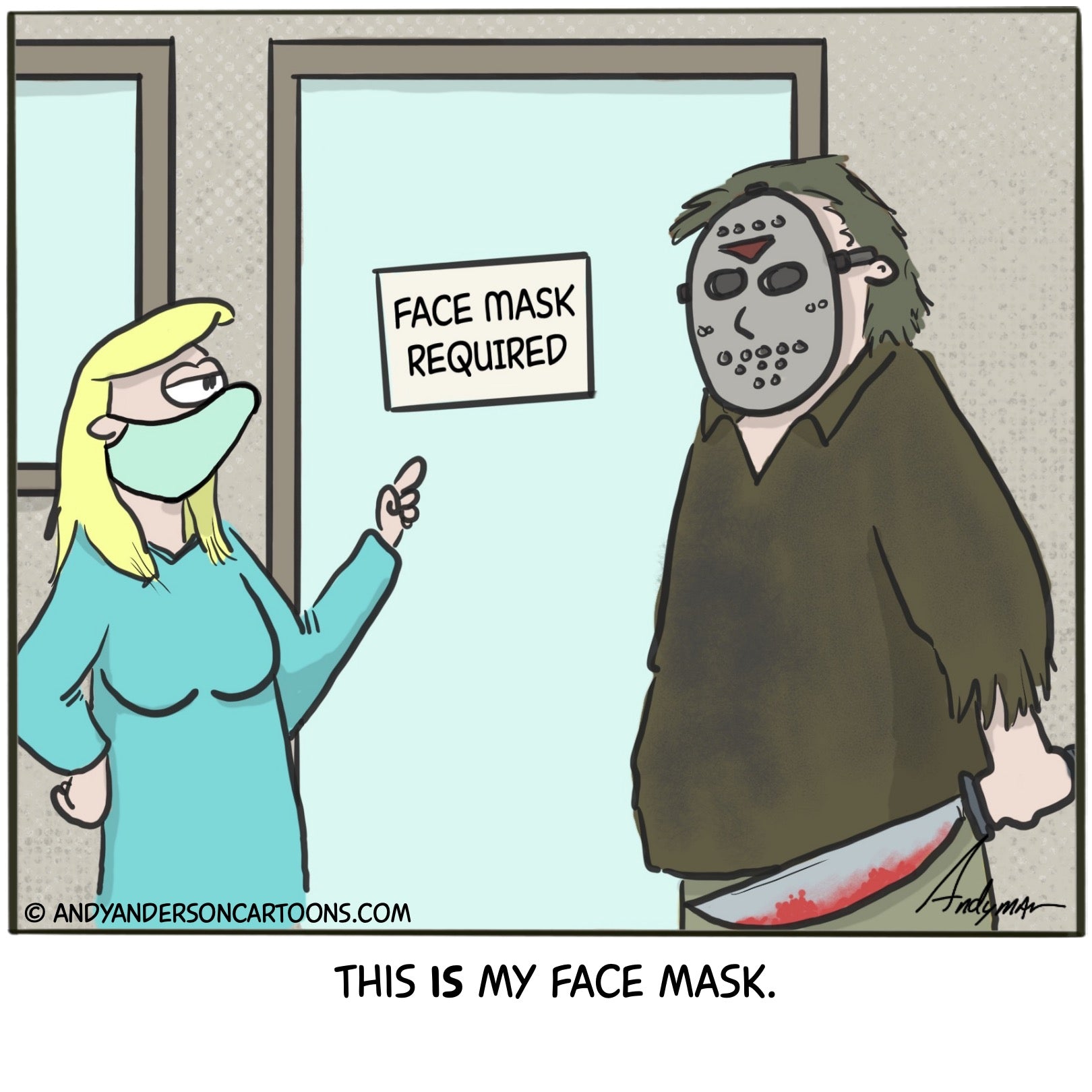 Cartoon about Jason from Friday 13th wearing a face mask